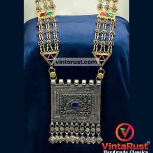 Afghan Pendant Necklace, Vintage Long Chain Big Pendant Necklace, Tribal